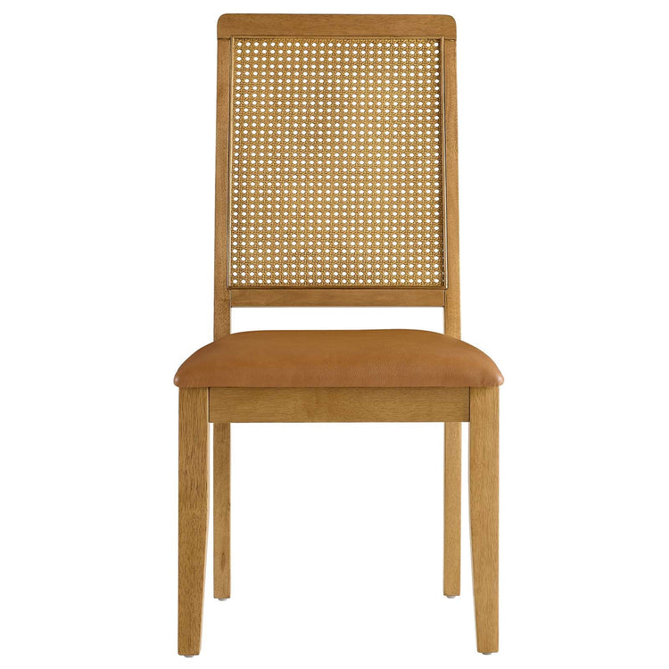 Silla de comedor de piel vegana color bronceado marco natural  con ratán sintético Enzo de frente.