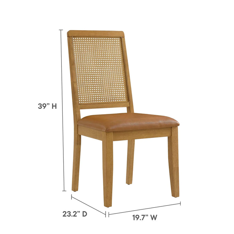 Silla de comedor de piel vegana color bronceado marco natural  con ratán sintético Enzo dimensiones.