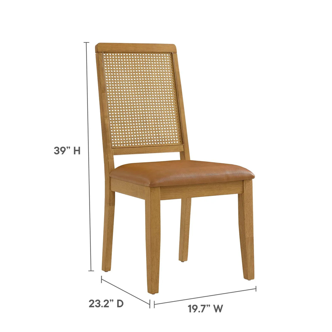 Silla de comedor de piel vegana color bronceado marco natural  con ratán sintético Enzo dimensiones.
