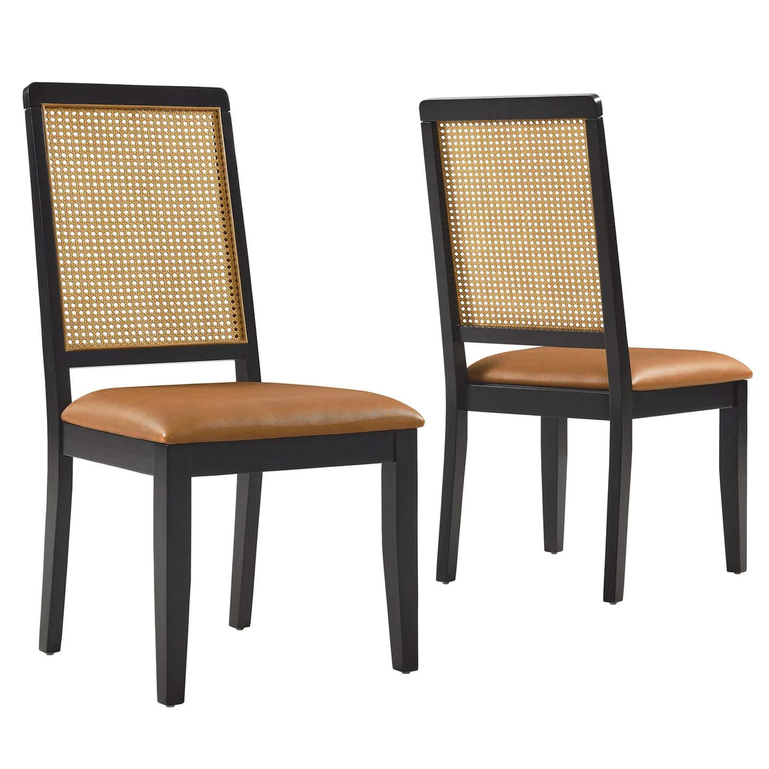 Silla de comedor de piel vegana color bronceado marco negro con ratán sintético Enzo - juego de dos.