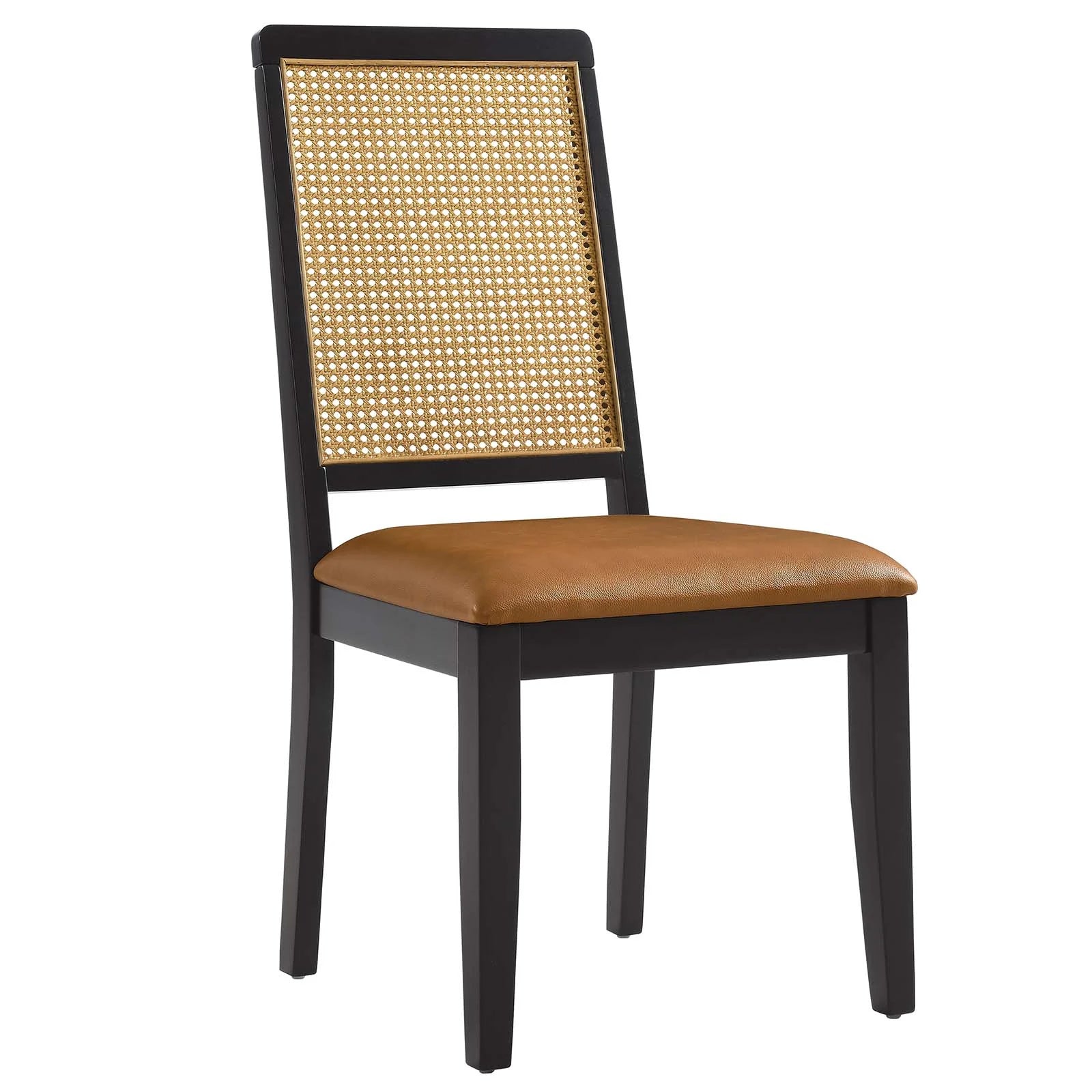 Silla de comedor de piel vegana color bronceado marco negro con ratán sintético Enzo.