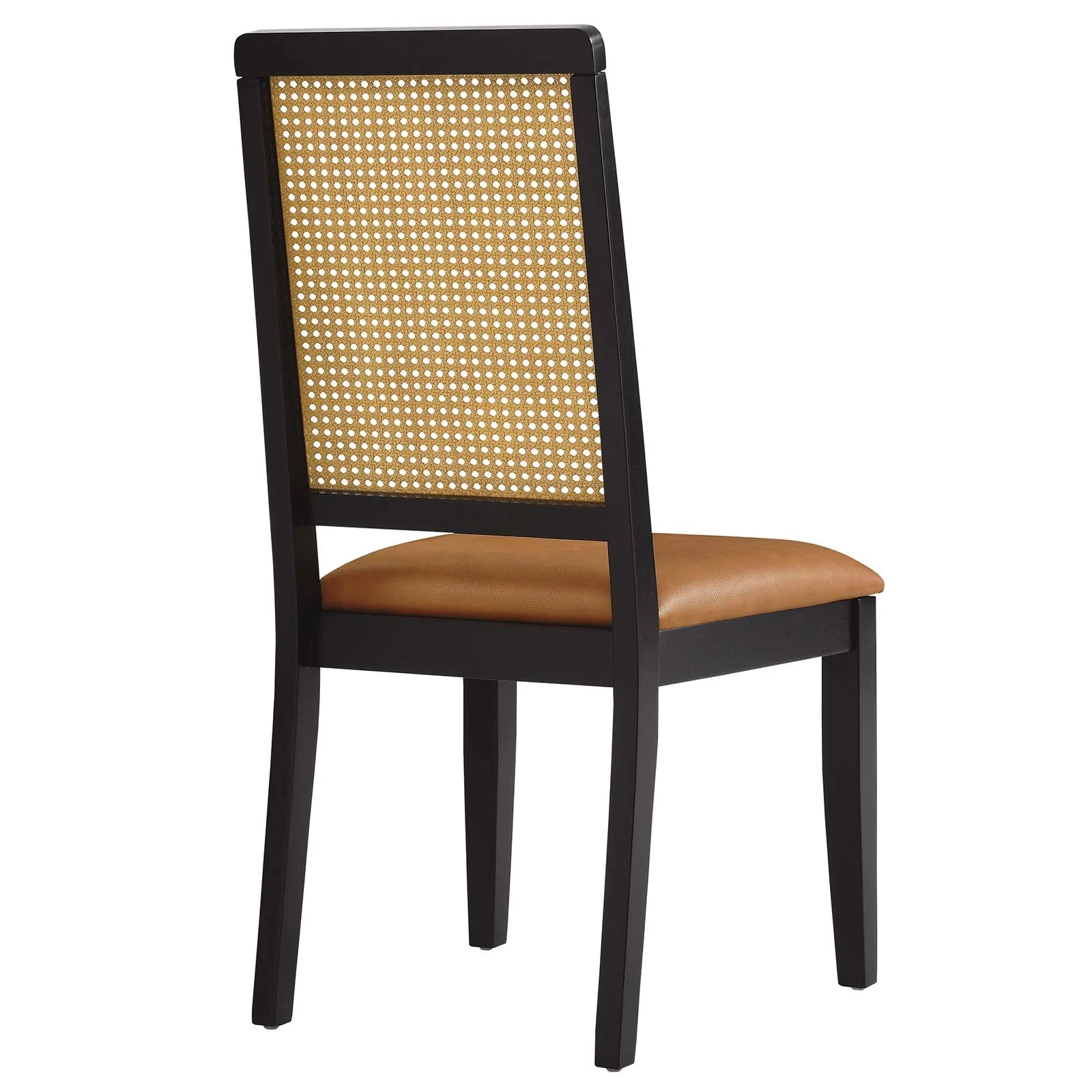 Silla de comedor de piel vegana color bronceado marco negro con ratán sintético Enzo de espaldas.