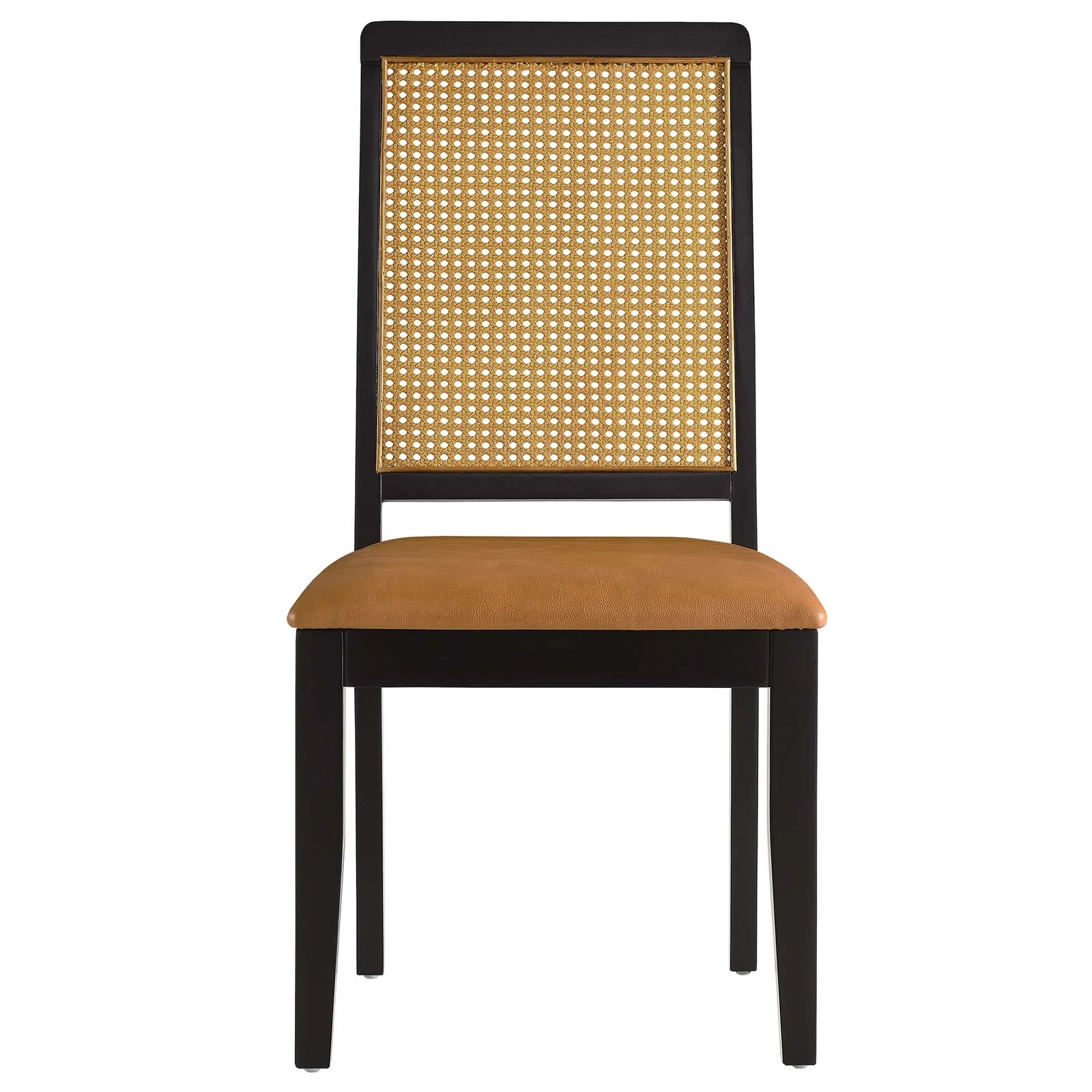 Silla de comedor de piel vegana color bronceado marco negro con ratán sintético Enzo de frente.