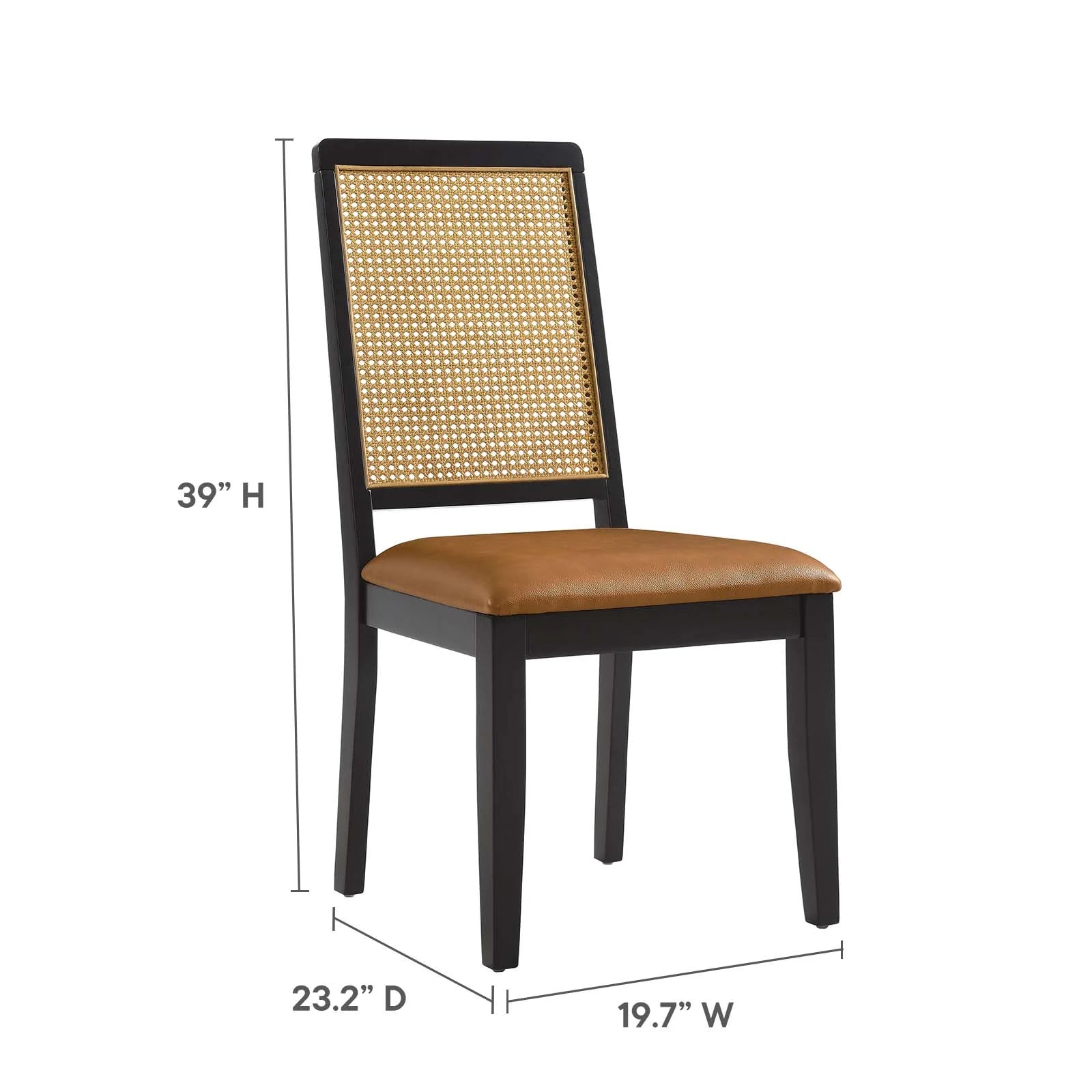 Silla de comedor de piel vegana color bronceado marco negro con ratán sintético Enzo  dimensiones.