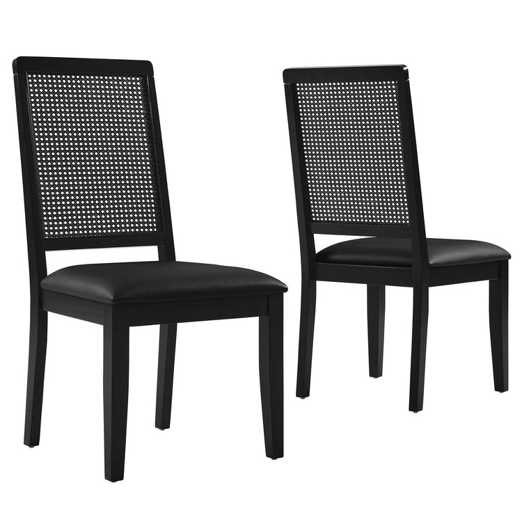 Silla de comedor de piel vegana color negro marco negro con ratán sintético Enzo - juego de dos.
