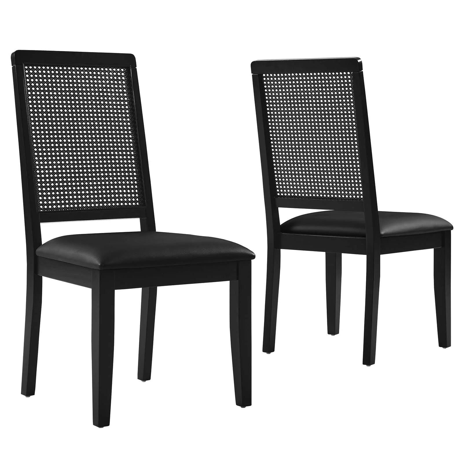 Silla de comedor de piel vegana color negro marco negro con ratán sintético Enzo - juego de dos.