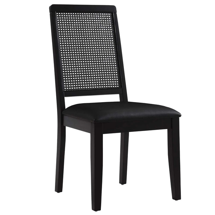 Silla de comedor de piel vegana color negro marco negro con ratán sintético Enzo.