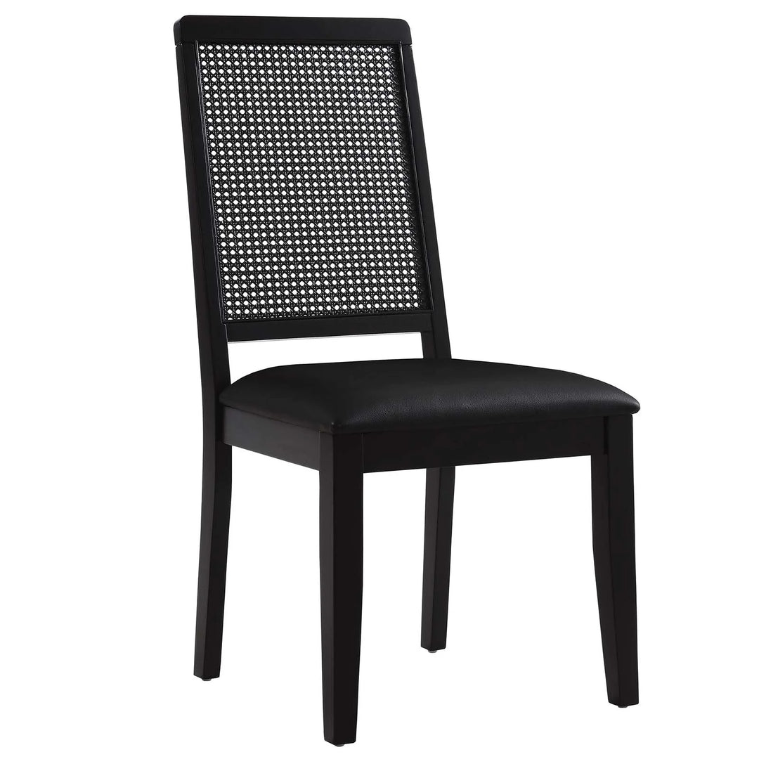 Silla de comedor de piel vegana color negro marco negro con ratán sintético Enzo.