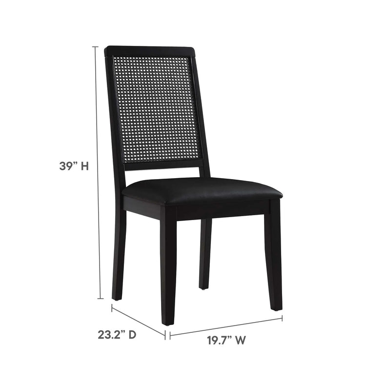Silla de comedor de piel vegana color negro marco negro con ratán sintético Enzo dimensiones.