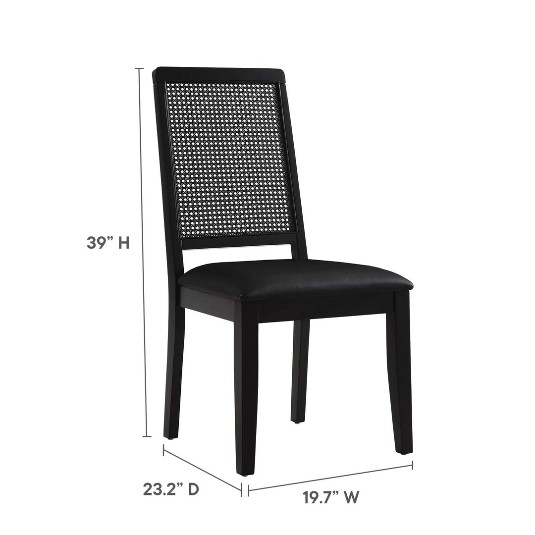 Silla de comedor de piel vegana color negro marco negro con ratán sintético Enzo dimensiones.