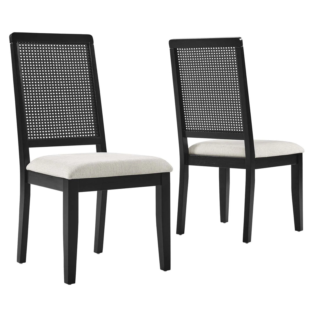 Silla de comedor de tela jaspeada marfil madera negra y ratán sintético Enzo - juego de dos.