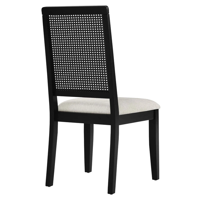 Silla de comedor de tela jaspeada marfil madera negra y ratán sintético Enzo de espaldas.