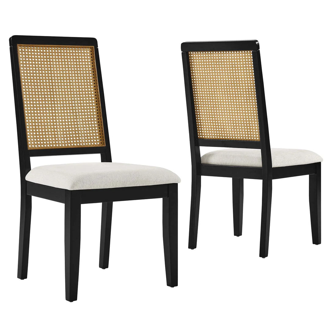 Silla de comedor de tela jaspeada marfil madera negra y ratán sintético natural Enzo - juego de dos.