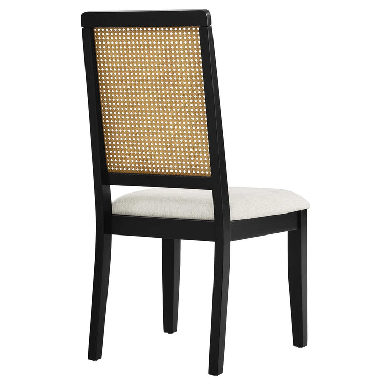 Silla de comedor de tela jaspeada marfil madera negra y ratán sintético natural Enzo de espaldas.
