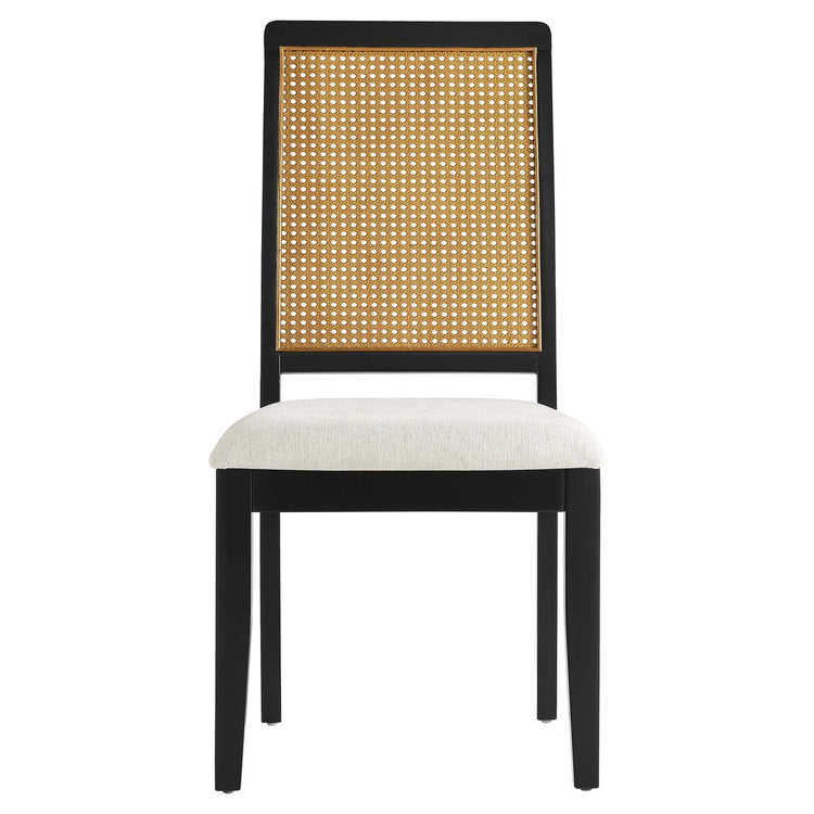 Silla de comedor de tela jaspeada marfil madera negra y ratán sintético natural Enzo de frente.