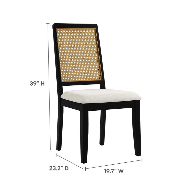 Silla de comedor de tela jaspeada marfil madera negra y ratán sintético natural Enzo dimensiones.