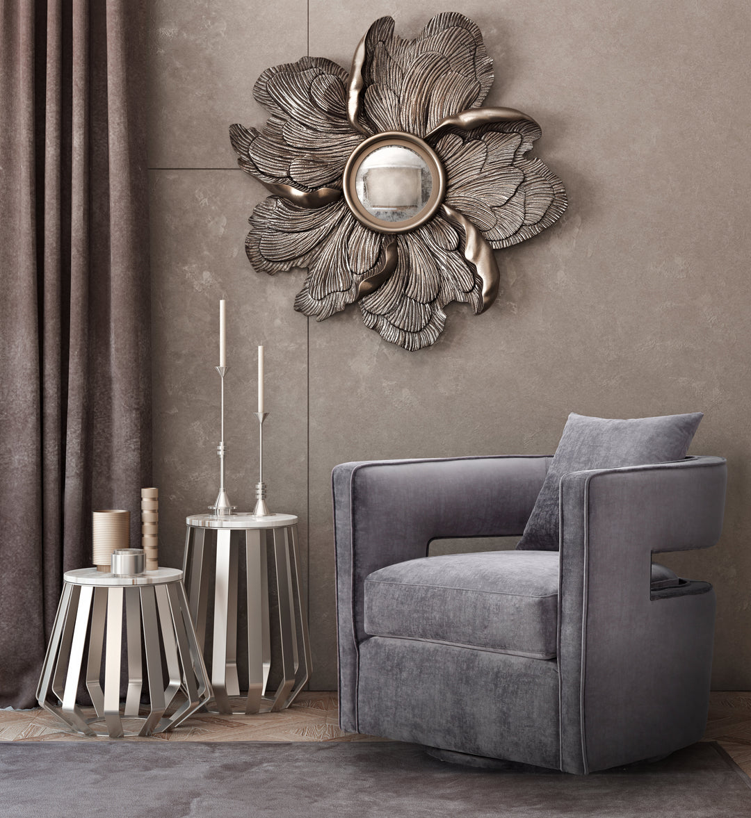 Silla de terciopelo gris giratoria Pelage en una sala.