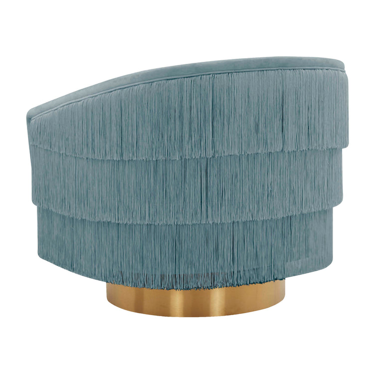 Silla giratoria de terciopelo color piedra azul Alcee de espaldas.