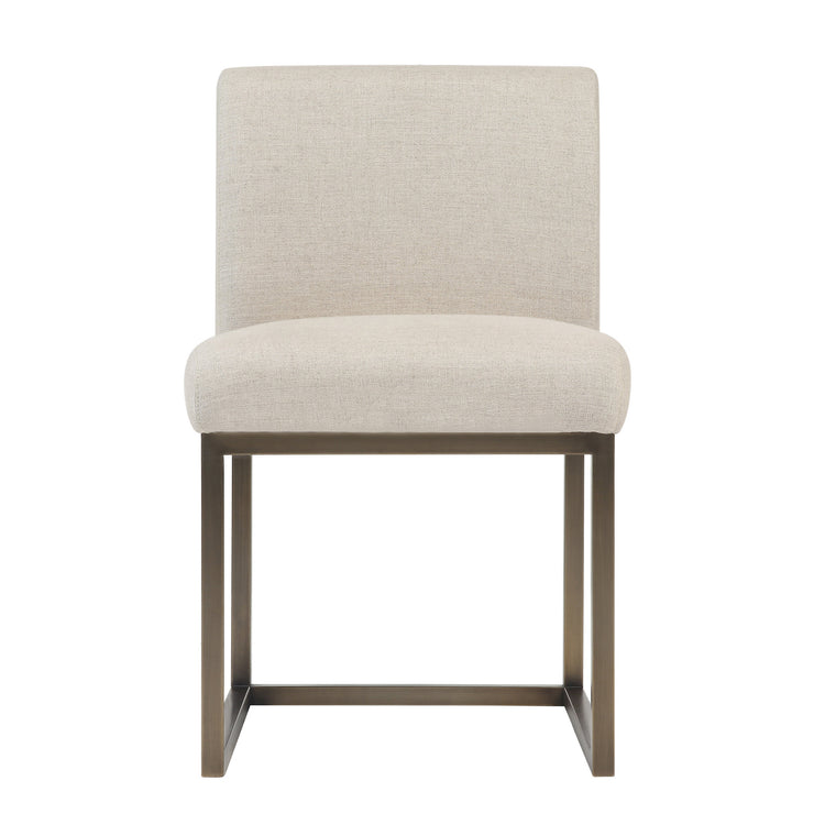 Silla para comedor de lino moderna con base de acero inoxidable Aella AALL-02  color del lino y base de acero inoxidable color bronce de frente.
