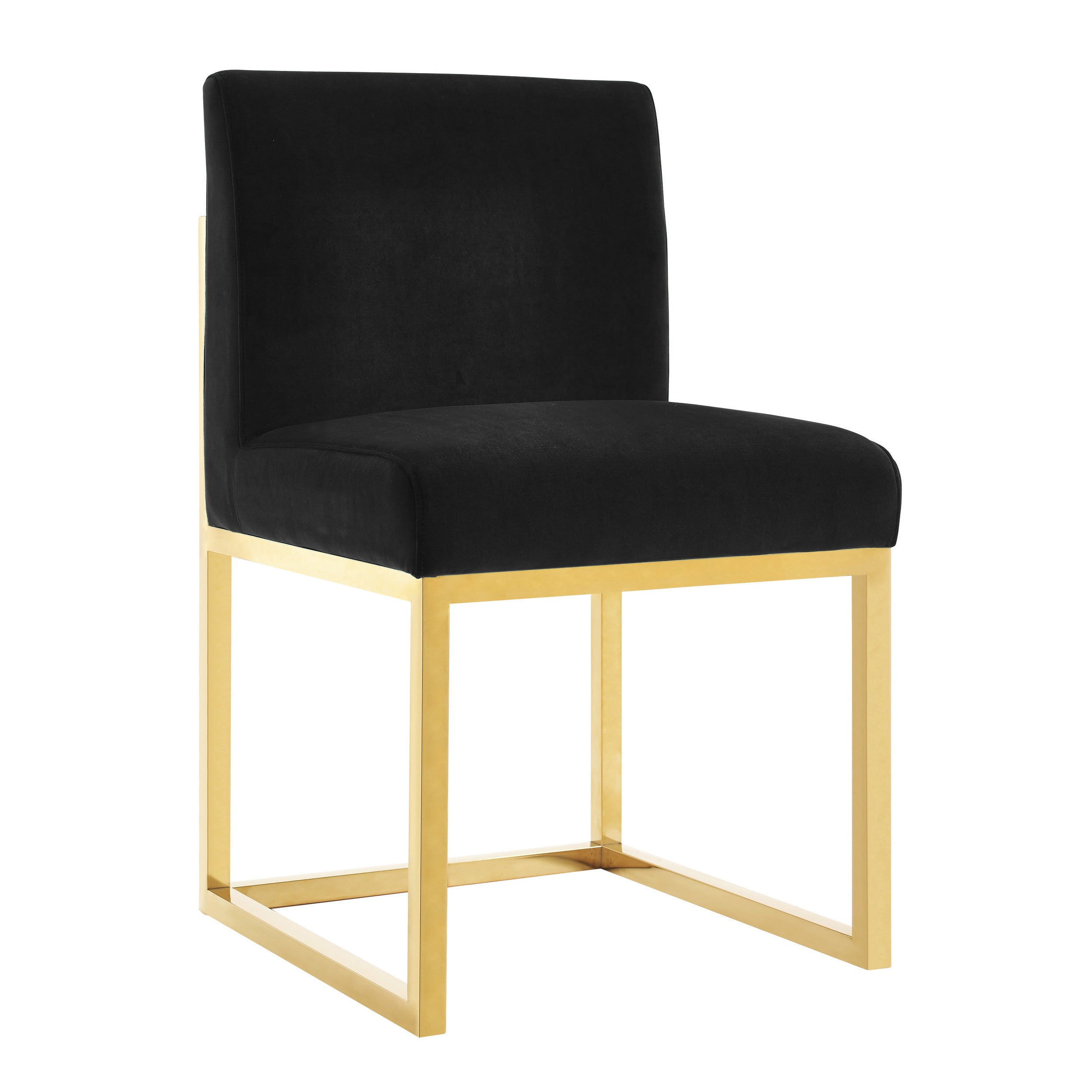 Silla para comedor de terciopelo negro moderna con base de acero inoxidable dorado Aella AALL-03.