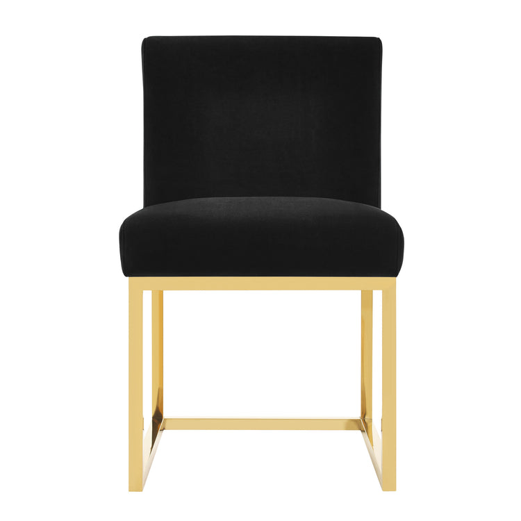Silla para comedor de terciopelo negro moderna con base de acero inoxidable dorado Aella AALL-03 de frente.