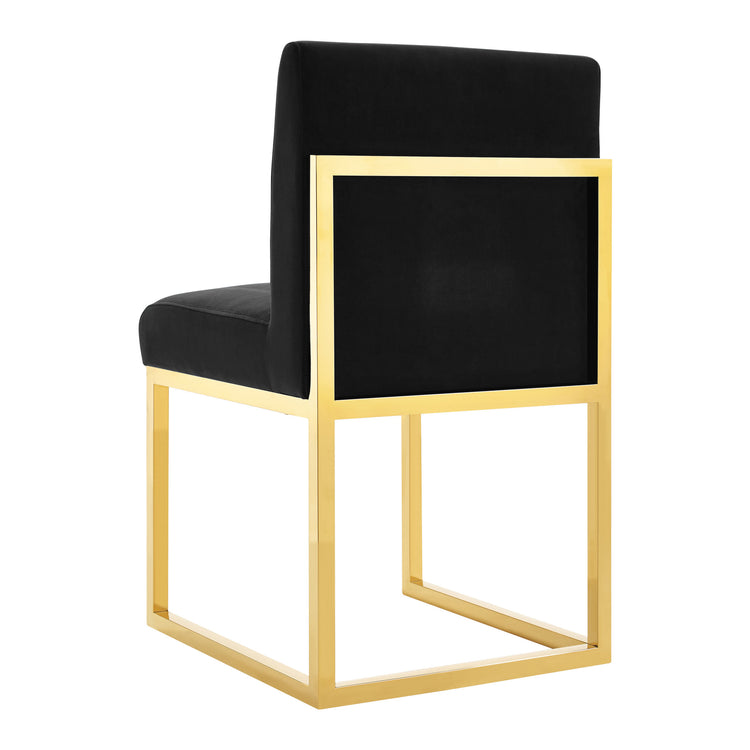 Silla para comedor de terciopelo negro moderna con base de acero inoxidable dorado Aella AALL-03 de espaldas.