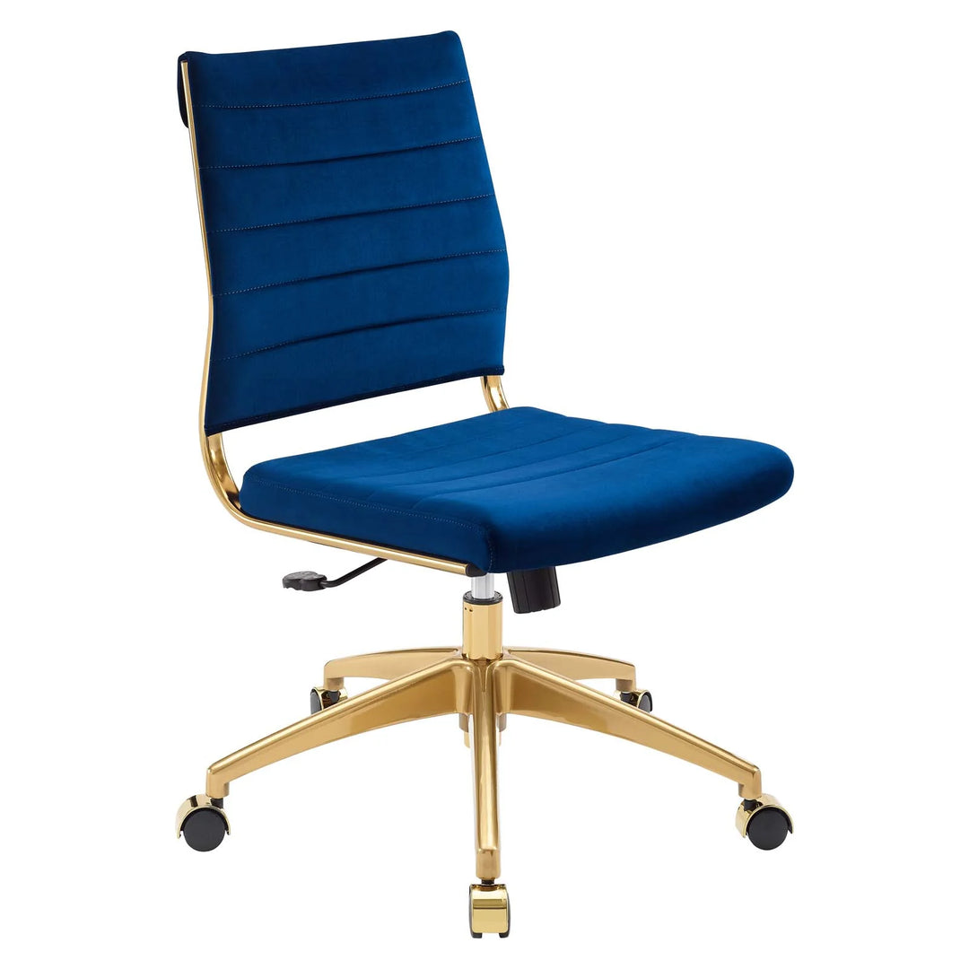 Silla para escritorio moderna sin descansabrazos azul con dorado Zoa.