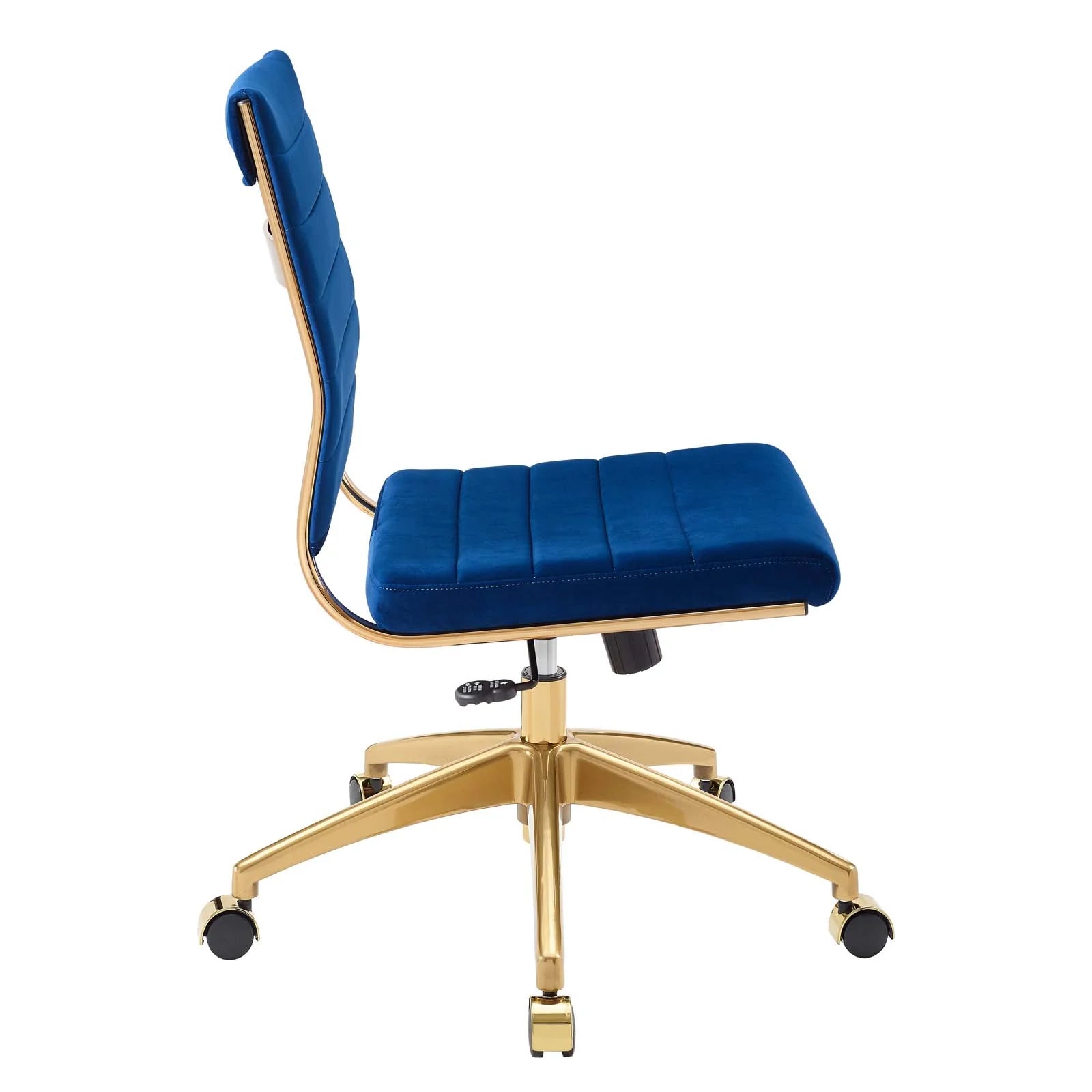 Silla para escritorio moderna sin descansabrazos azul con dorado Zoa de lado.