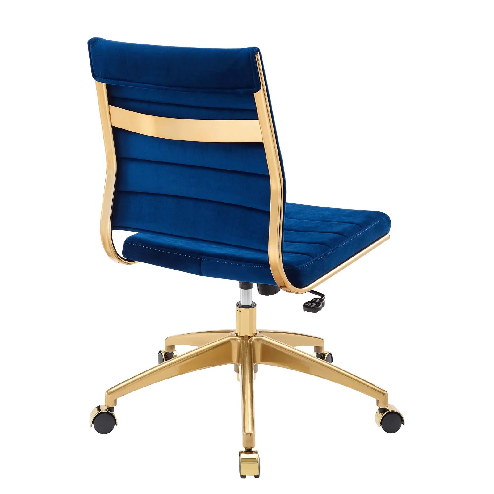Silla para escritorio moderna sin descansabrazos azul con dorado Zoa de espaldas.