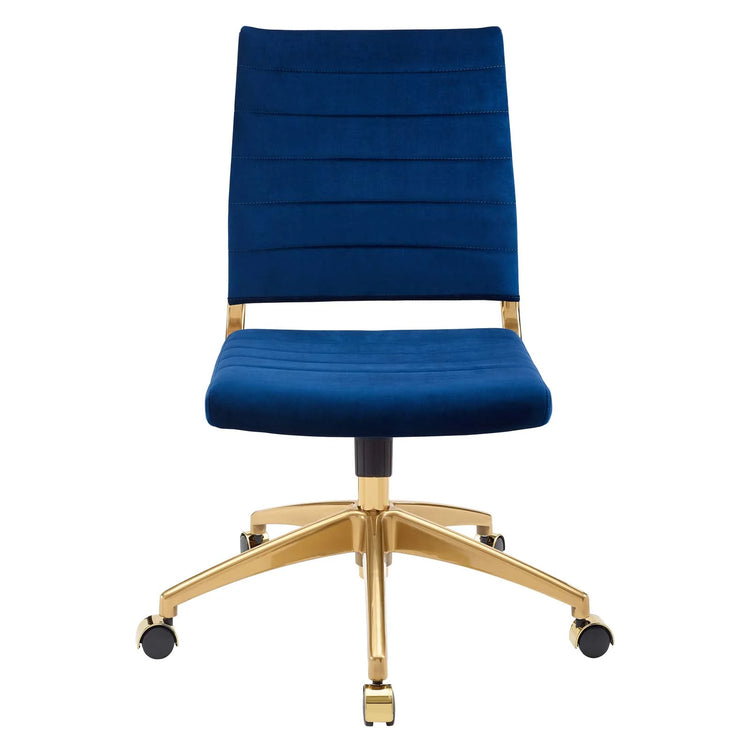 Silla para escritorio moderna sin descansabrazos azul con dorado Zoa de frente.