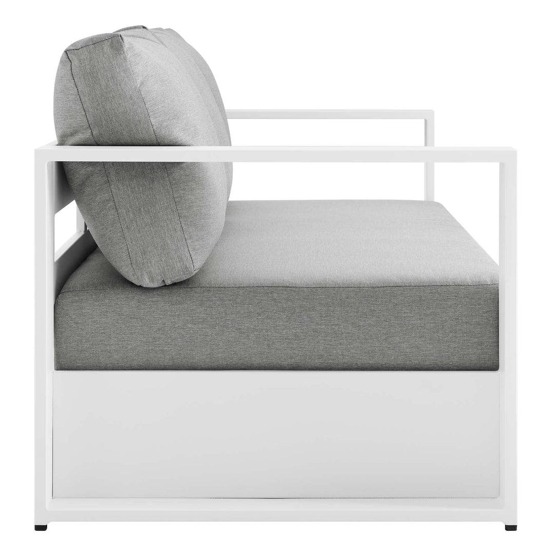 Sillón de aluminio blanco y tela gris para exteriores Neuba de frente de lado.