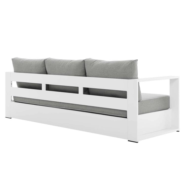 Sillón de aluminio blanco y tela gris para exteriores Neuba de frente de espaldas.