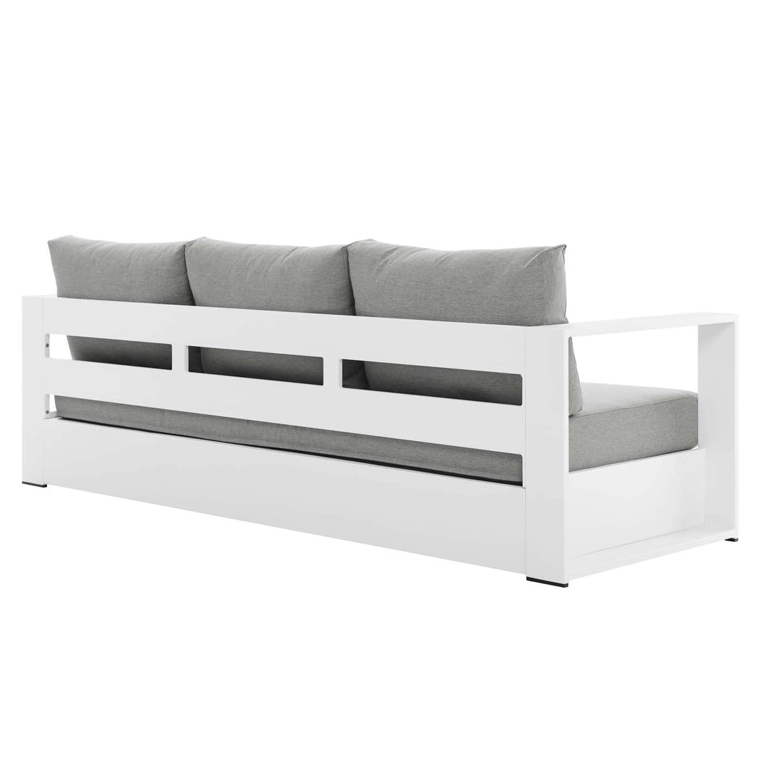 Sillón de aluminio blanco y tela gris para exteriores Neuba de frente de espaldas.