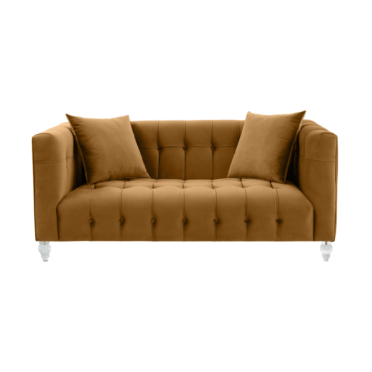 Sofá Loveseat de terciopelo coñac Halima de frente.