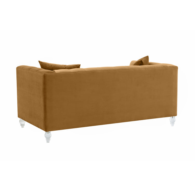 Sofá Loveseat de terciopelo coñac Halima de atrás.