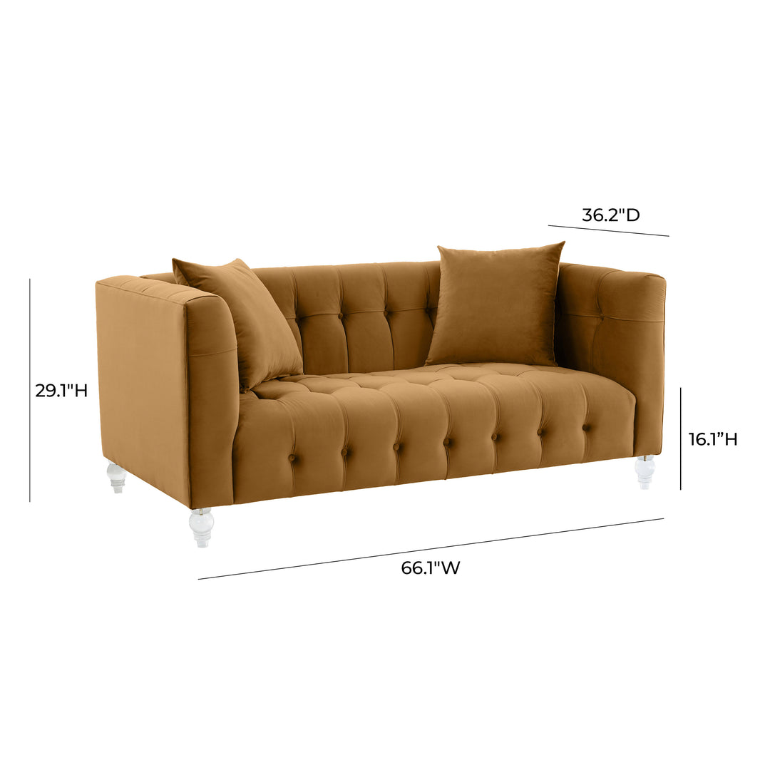 Sofá Loveseat de terciopelo coñac Halima dimensiones.