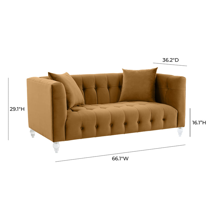 Sofá Loveseat de terciopelo coñac Halima dimensiones.