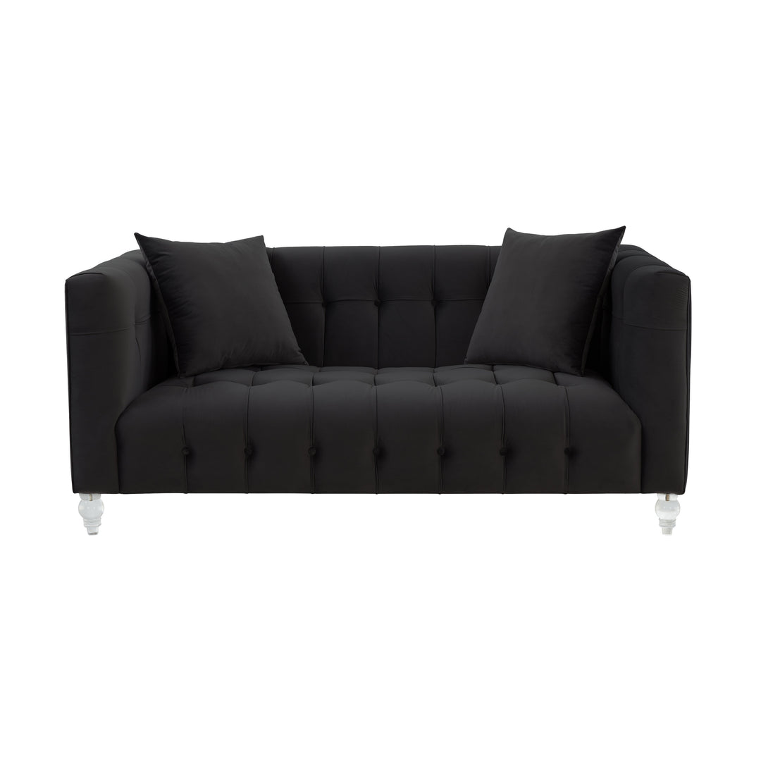 Sofá Loveseat de terciopelo negro Halima de frente.