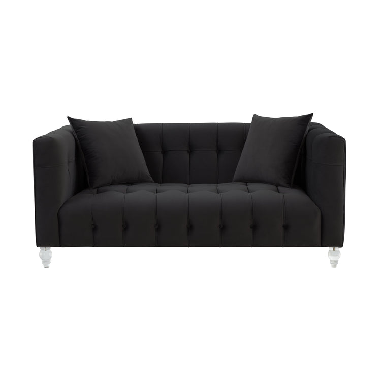 Sofá Loveseat de terciopelo negro Halima de frente.