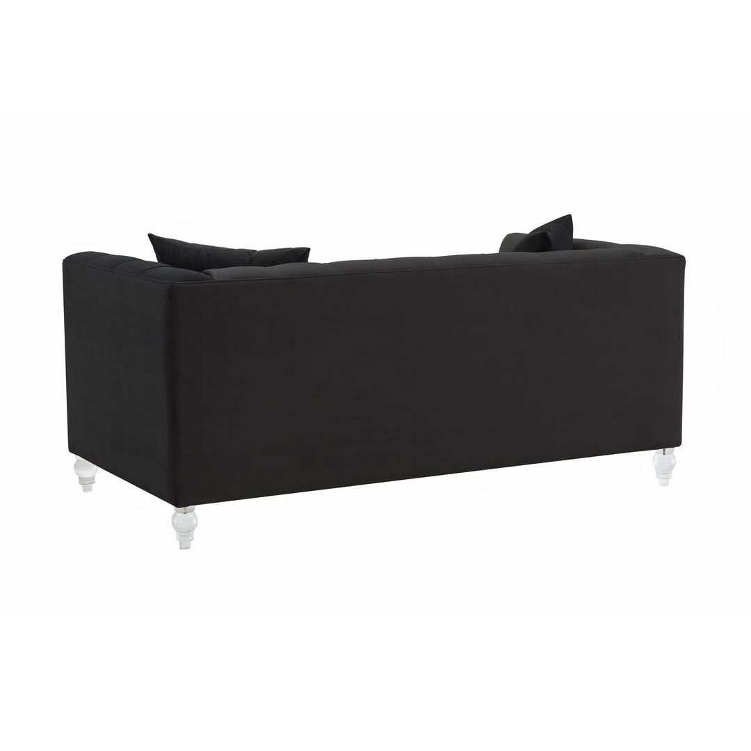 Sofá Loveseat de terciopelo negro Halima de atrás.