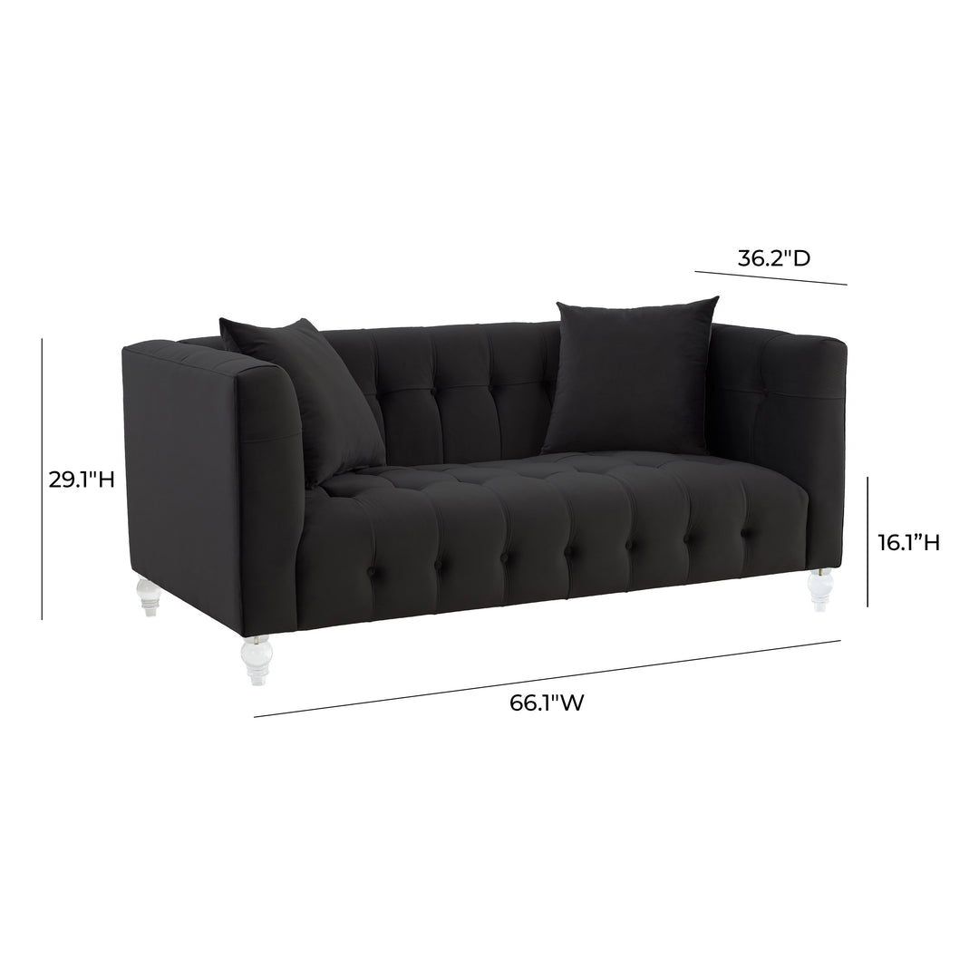 Sofá Loveseat de terciopelo negro Halima dimensiones.