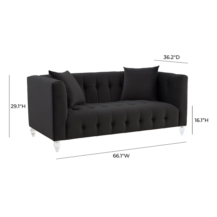 Sofá Loveseat de terciopelo negro Halima dimensiones.