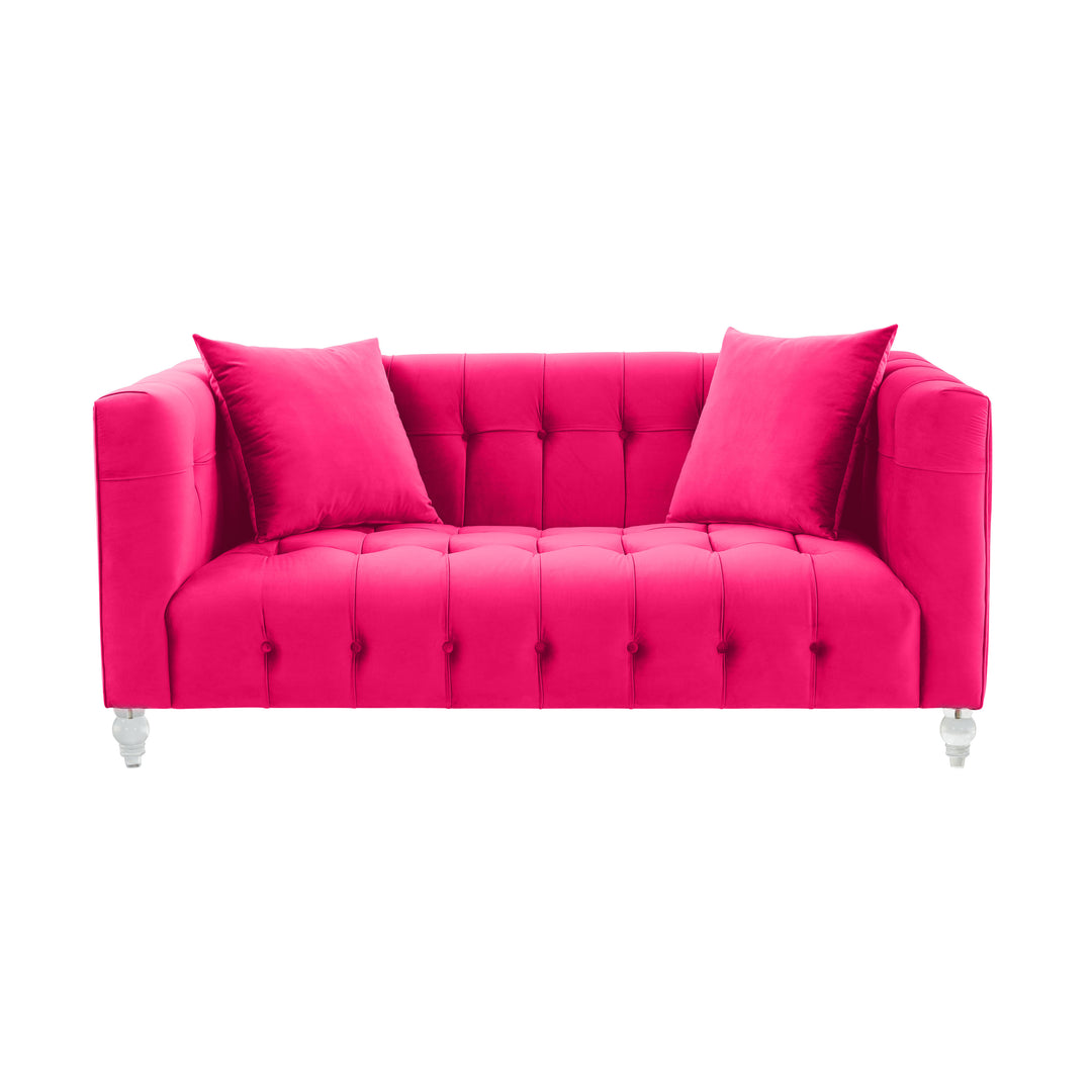 Sofá Loveseat de terciopelo rosa ardiente Halima de frente.