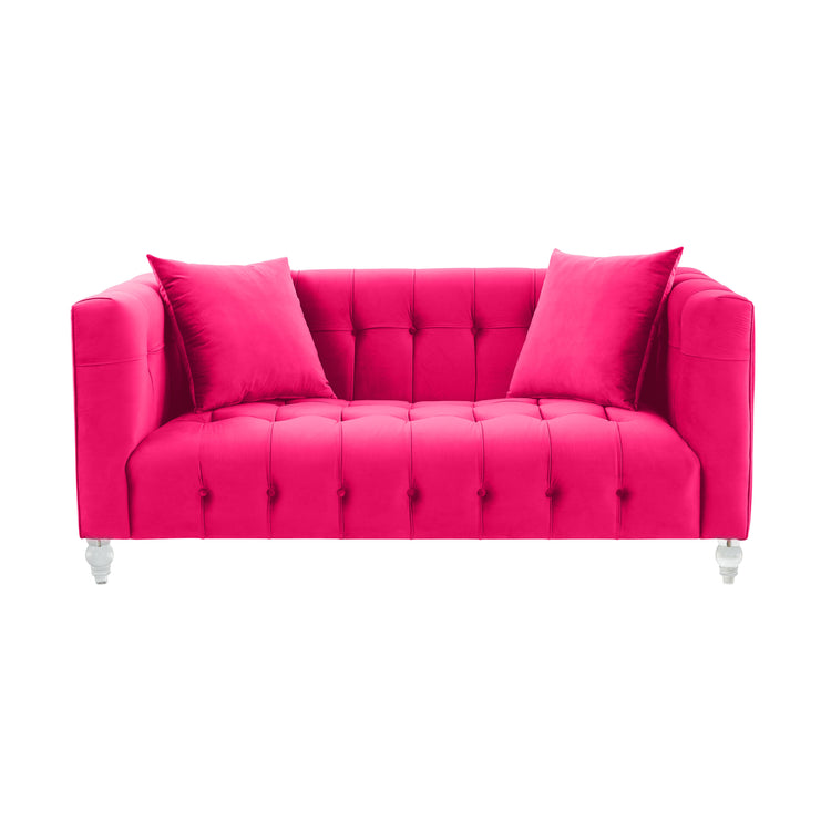 Sofá Loveseat de terciopelo rosa ardiente Halima de frente.