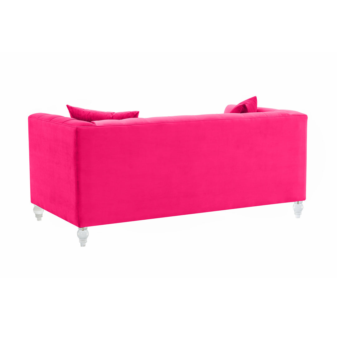 Sofá Loveseat de terciopelo rosa ardiente Halima de atrás.