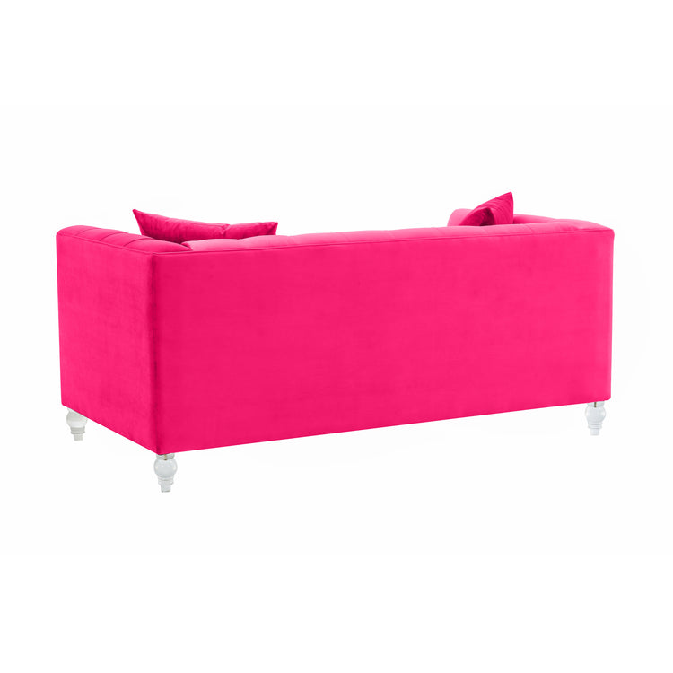 Sofá Loveseat de terciopelo rosa ardiente Halima de atrás.