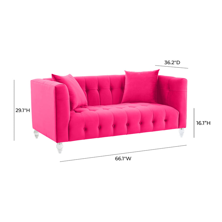Sofá Loveseat de terciopelo rosa ardiente Halima dimensiones.