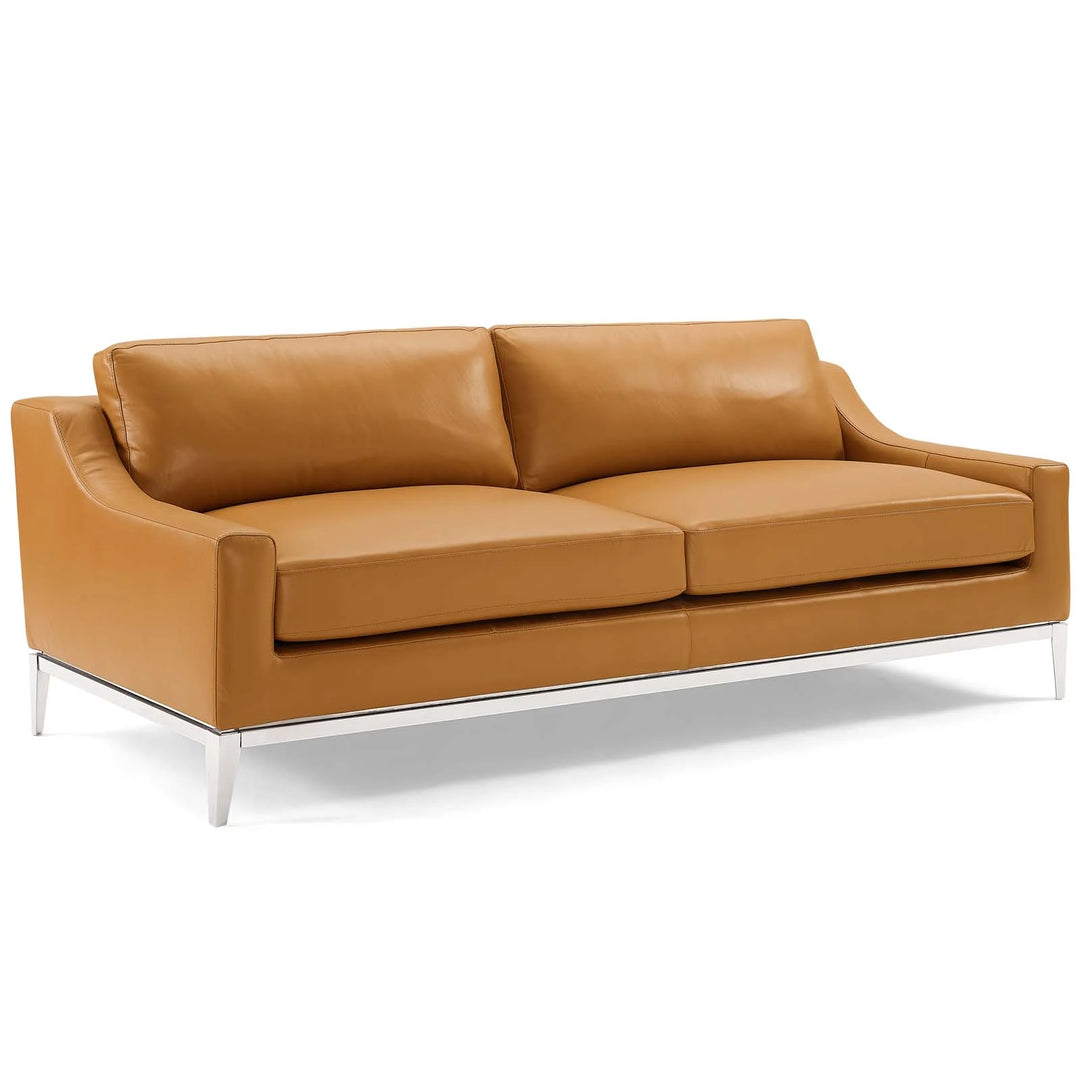 Sofá de 83.5” de acero inoxidable y piel bronceado Ulan.