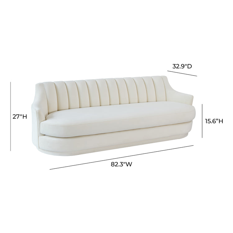 Sofá de terciopelo Norina de tres plazas color crema dimensiones.