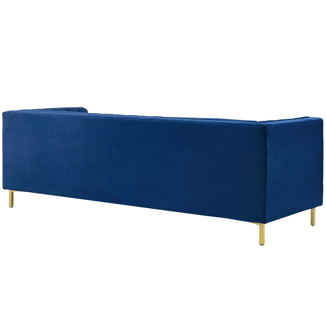 Sofá de terciopelo azul Troyes de espaldas.
